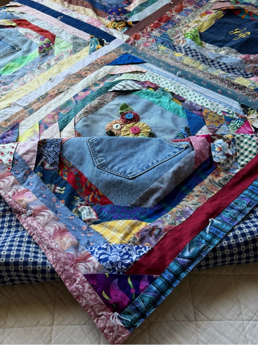 Denim  Quilt Boho Patchwork 60x80 Folk Art Dorm Decor - Picture 4 of 15